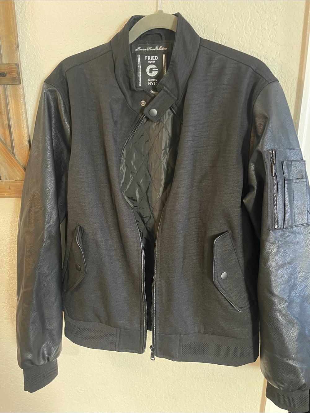 FRIED NYC Black Men's Bomber Jacket with Faux Leather Sleeves
